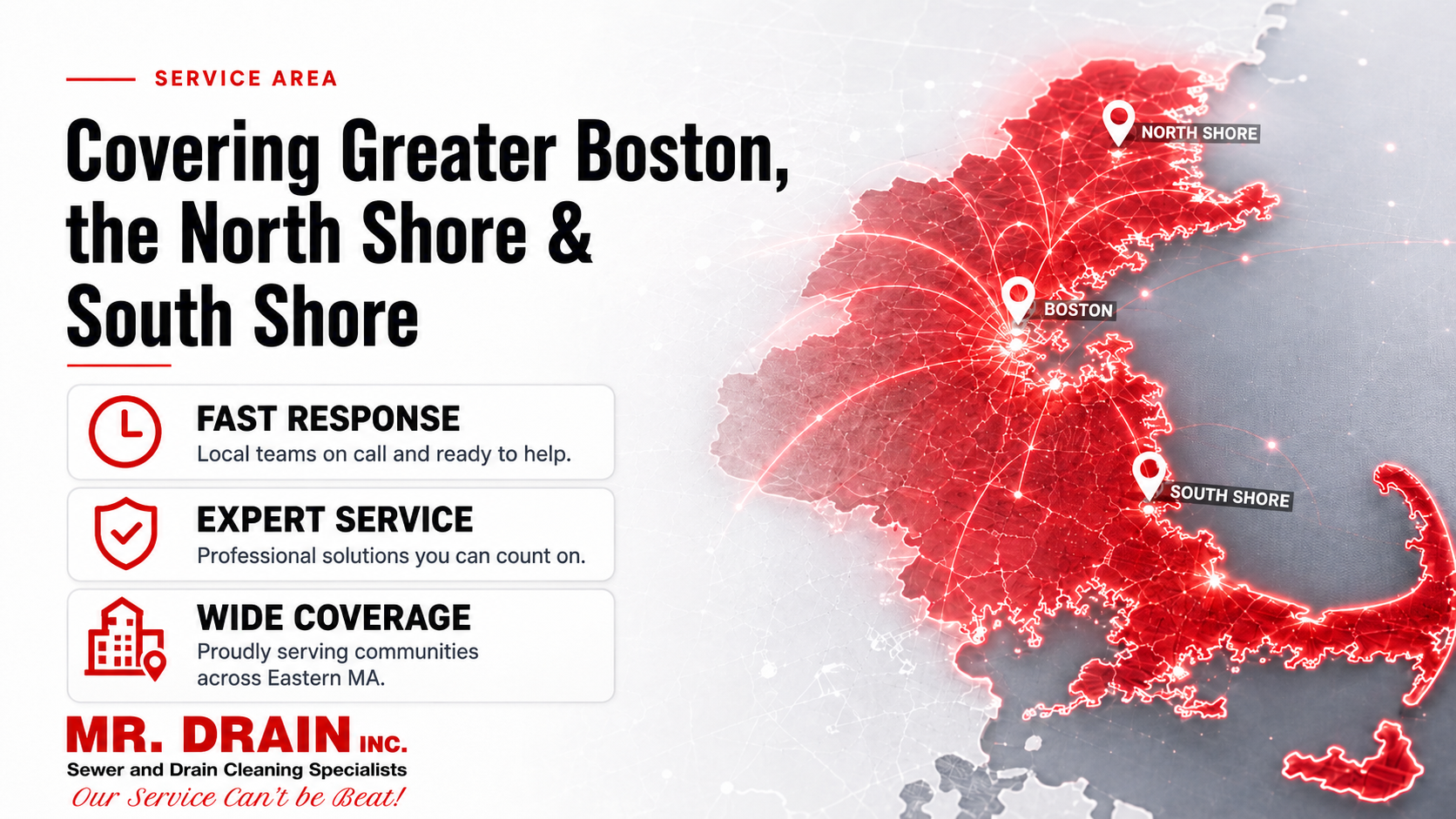 Mr. Drain Inc service area map covering Greater Boston, the North Shore, and the South Shore of Massachusetts
