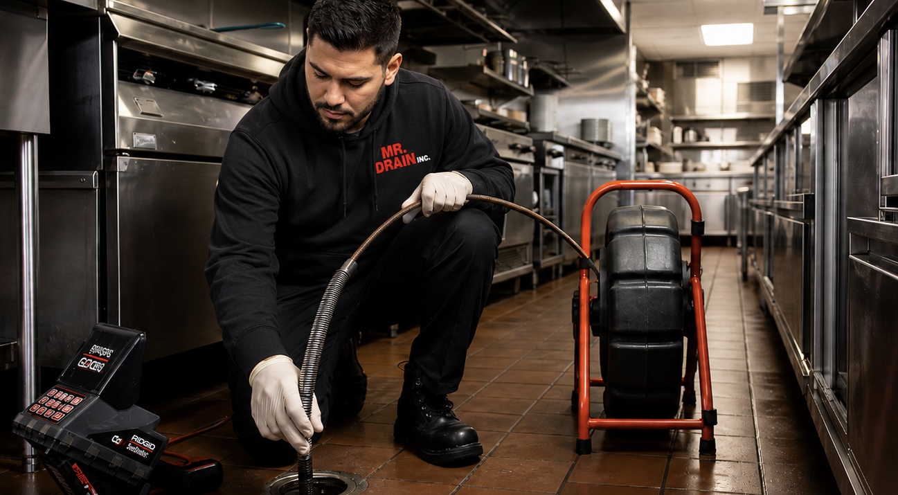 Mr. Drain Inc. technician cabling a floor drain in a commercial kitchen